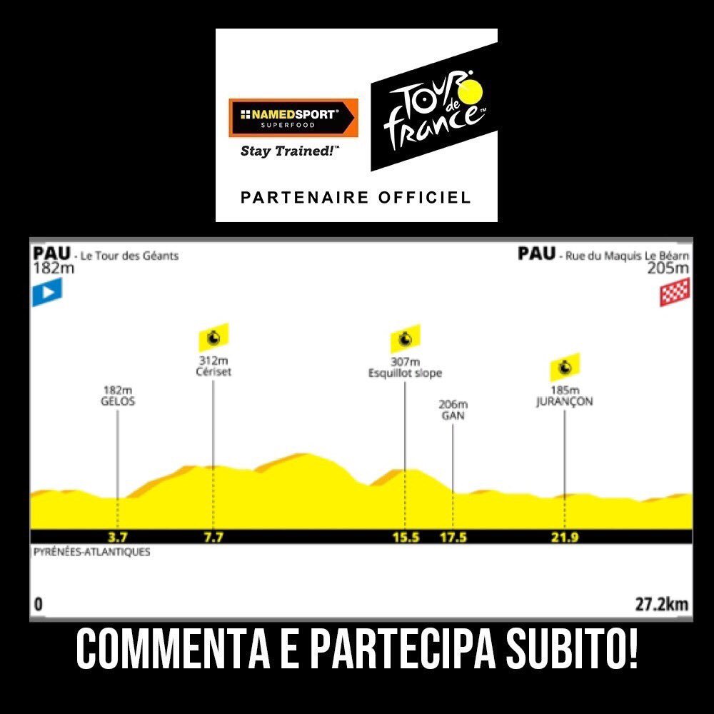 Cronometro atipica posta a metà della settimana che porta sui Pirenei. In palio per tutti coloro che indovineranno il nome del vincitore dei fantastici gadget firmati NAMEDSPORT&gt;. Per partecipare? 1. Metti LIKE a questo post; 2. Commenta con il pronostico Deadline: h14 - 19/07.