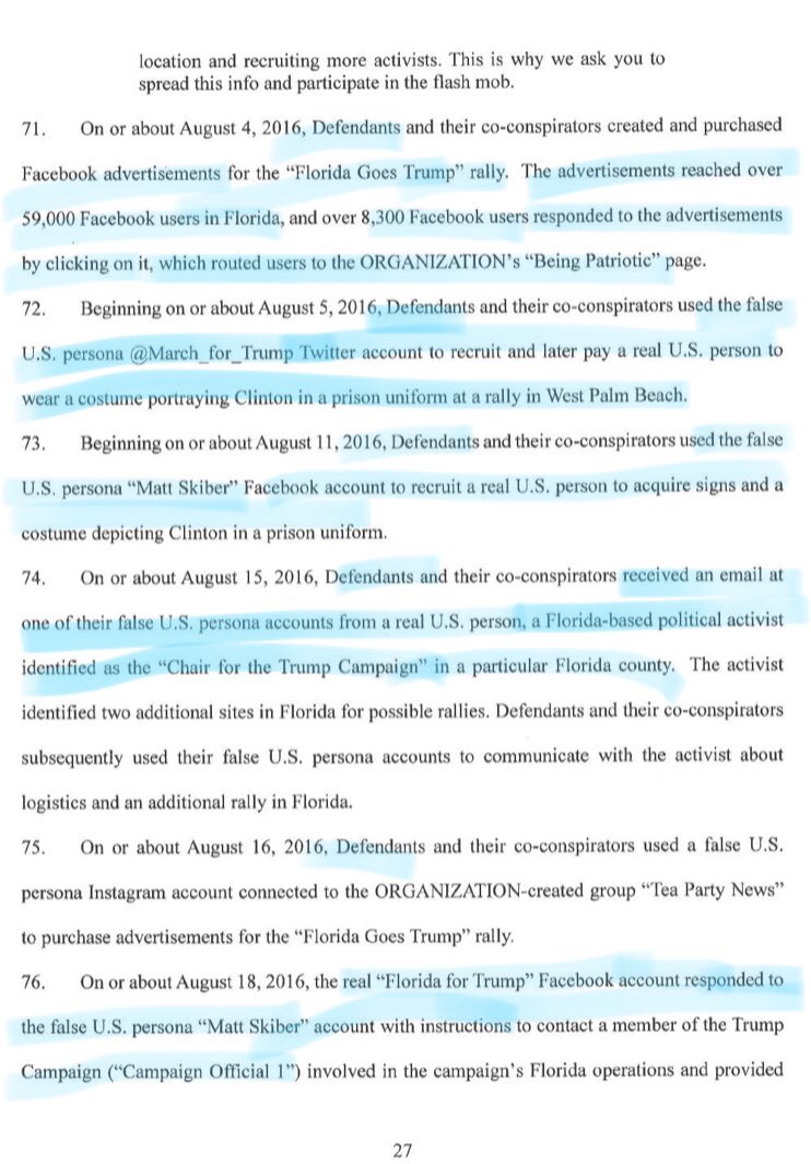 16/ “PAINT IT RED”: Just check out those “Overt Acts.”Kinda poetic: Fake support for a fake president* who came to power with the aid of fake accounts, fake rallies, fake ads bought with fake I.D.’s.Fake support by real Russians with real money to buy real people.Oh America