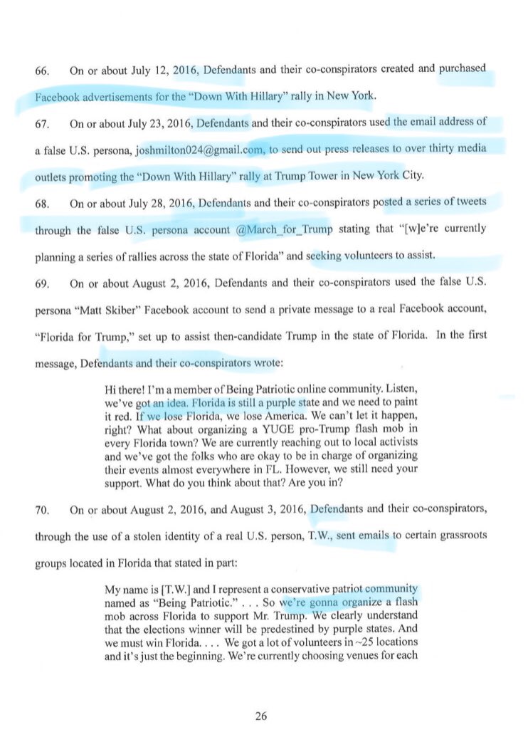 16/ “PAINT IT RED”: Just check out those “Overt Acts.”Kinda poetic: Fake support for a fake president* who came to power with the aid of fake accounts, fake rallies, fake ads bought with fake I.D.’s.Fake support by real Russians with real money to buy real people.Oh America