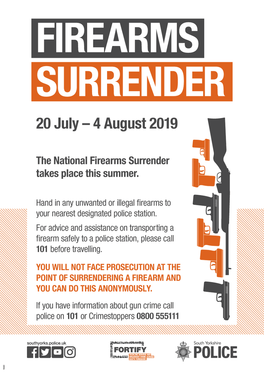 syptweet's tweet photo. Don't forget our firearms surrender starts this weekend, Saturday 20 July! You can hand any firearm or ammunition into a police station without facing prosecution until Sunday 4 August. Read more about it on our website- https://t.co/4aE4Ar9AdV #Handinyourweapons #OpFortify https://t.co/nkRO0BuUKS