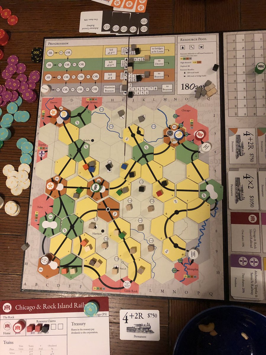 cpthomp's tweet image. #18xx Playtested 18Ozark the other night. Great new concepts with delivery of resources and construction of important infrastructure (bridges, dams, trans-con railroad) driving game
