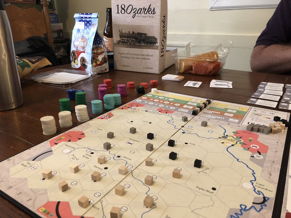 cpthomp's tweet image. #18xx Playtested 18Ozark the other night. Great new concepts with delivery of resources and construction of important infrastructure (bridges, dams, trans-con railroad) driving game