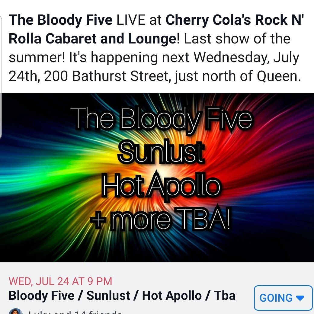 <a href="/thebloodyfive/">The Bloody Five</a> #LIVE at Cherry Cola's: Wednesday, July 24th! Last show of the summer! Brought to you by <a href="/driveevents247/">Drive Events</a>