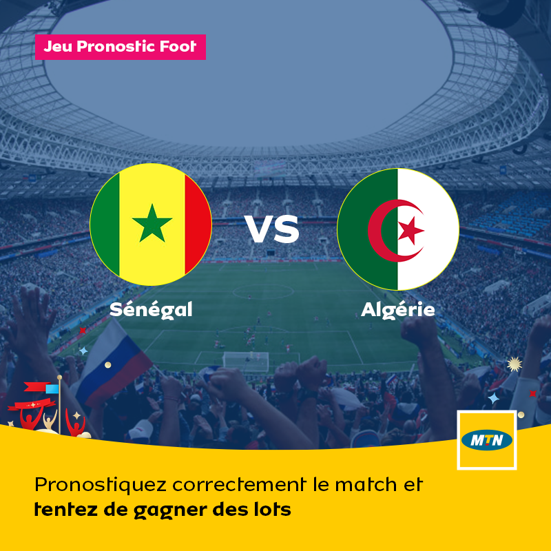 MTNBenin's tweet photo. Sénégal🇸🇳 - Algerie🇩🇿: Qui sera le vainqueur de cette #CAN2019

Pronostique correctement le score de ce match et tente de gagner des lots. 

Règles du jeu:
- Follow le compte
- Retweet

Les 5 premiers à faire le bon pronostic seront les gagnants.
Fin du jeu demain à 19H00. https://t.co/x9IPf90k8B