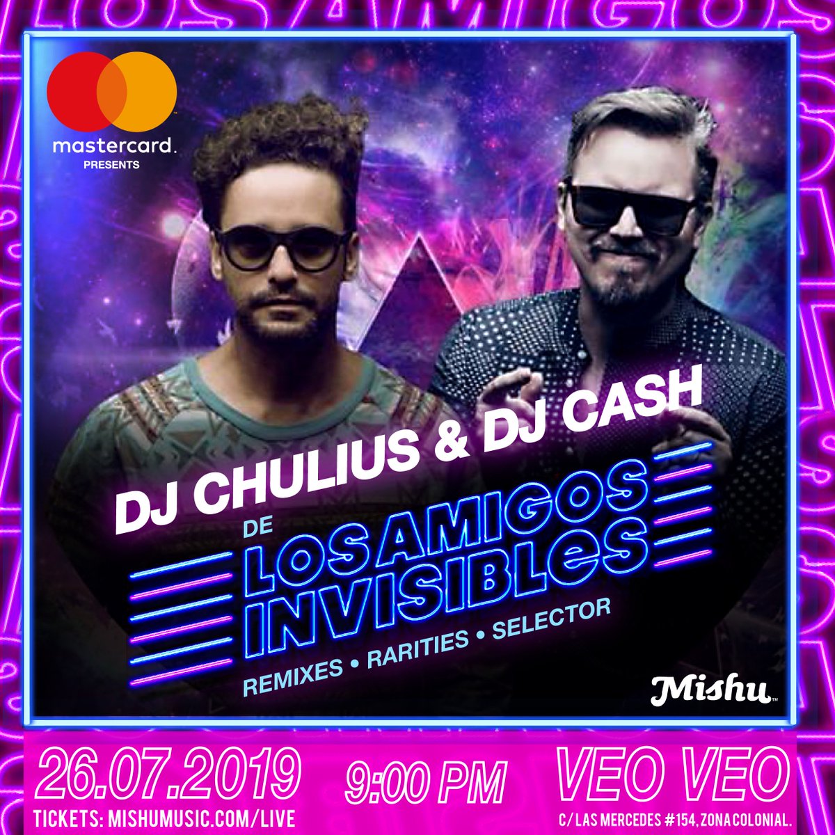 PRE- #PARTY OFICIAL del #concierto de (@amgsinvisibles). 🕺🏻 El Viernes 26 de Julio DJ Chulius y DJ Cash de @amgsinvisibles vienen con una selección increíble de Remixes @veoveodr 👀 🎟 Entrada GRATIS con tu taquilla del concierto.... 🎟 General RD$500 mishumusic.com/live