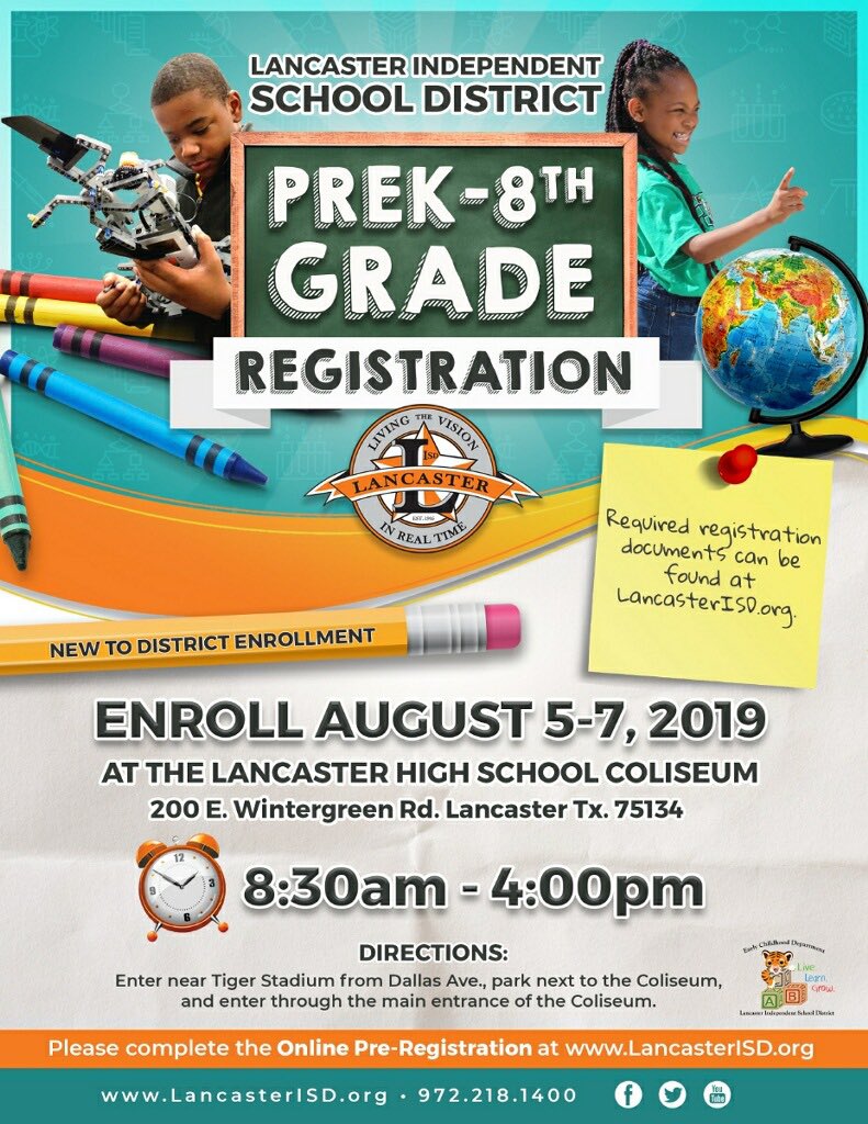 LancasterISD's tweet photo. It’s almost time to secure your child’s future in Lancaster ISD!! Registration for PreK-8th grade students begins Aug. 5-7th at Lancaster HS! We will see you there! #WEBONEXTLEVEL https://t.co/gTO19fBMkJ