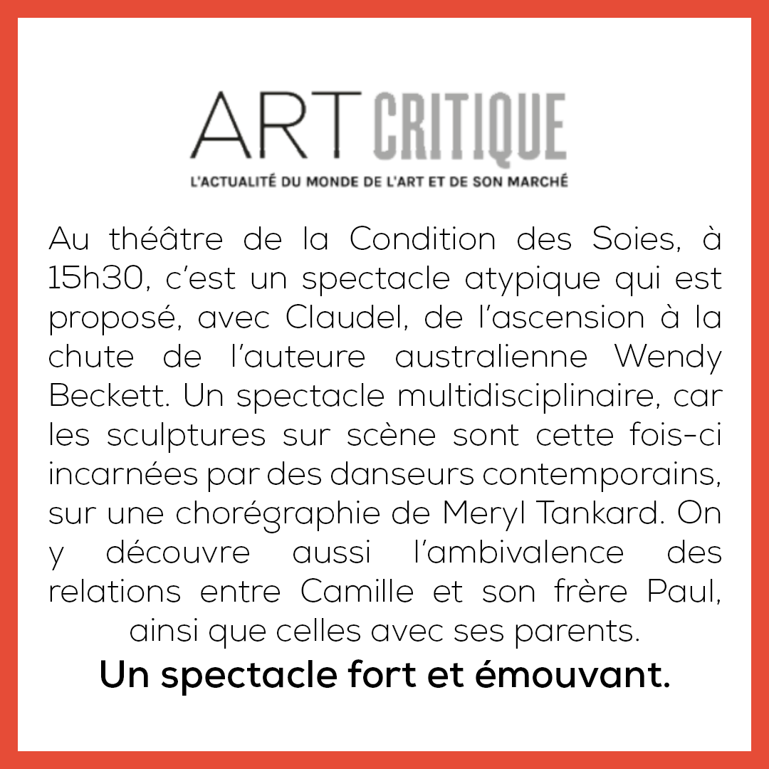 ClaudelSpectacl's tweet photo. Encore un complet pour notre CLAUDEL ! 🤩
📰 Et merci à @artcritique_ pour leur superbe critique. 
Jusqu'au 28 juillet, à 15h30 à la Condition des Soies 🎟️ réservations 👉 https://t.co/9UF5yMmUHq
#CamilleClaudel #sculptures #feminisme #Rodin #theatre #danse https://t.co/GAeShOJQsc