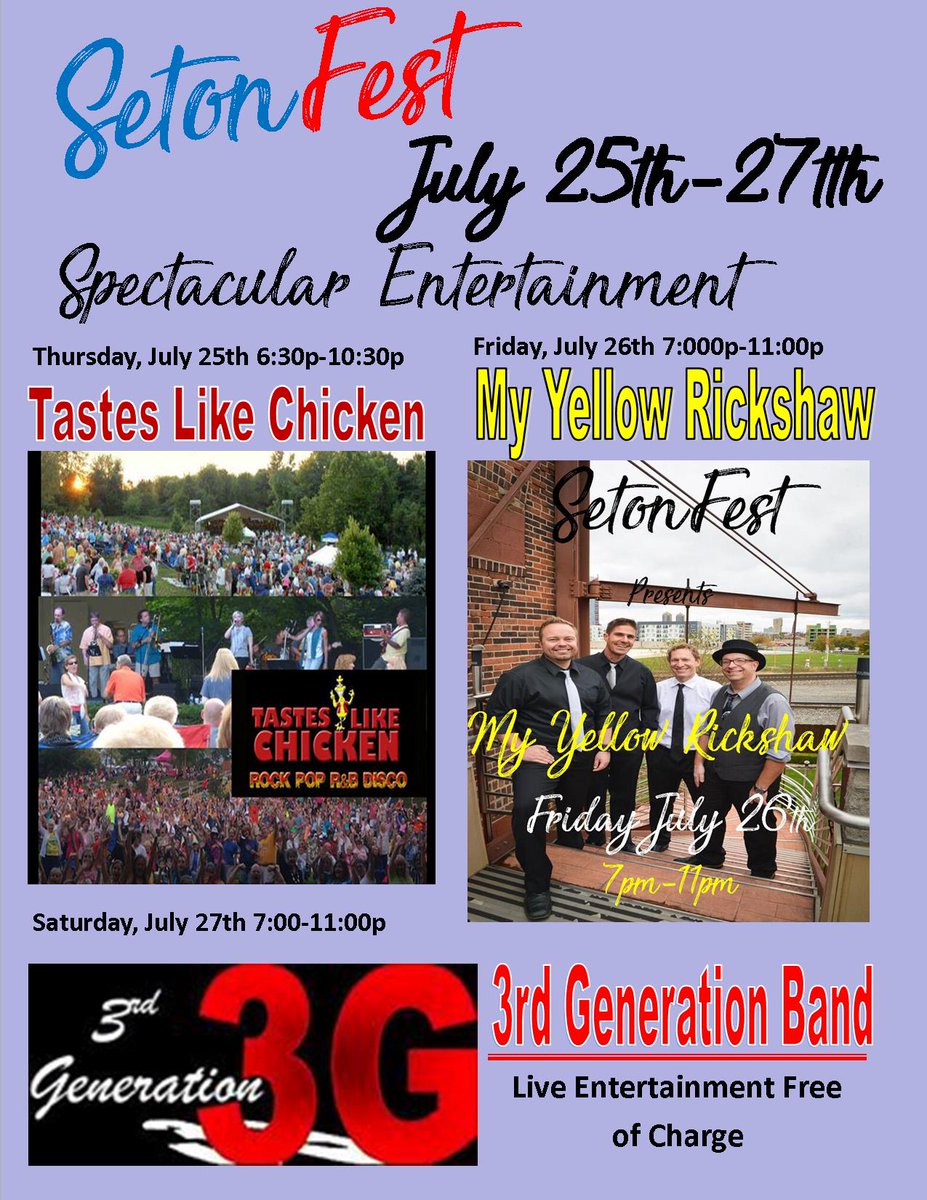SETONFEST July 25th-27th
Amusement Rides, Bingo,Food,Casino‐Monte Carlo Returns Beer Tent,Children’s games,Raffle,Pony Rides,Fire works Friday and Saturday. Great live free entertainment and rides special.  <a href="/GuerinCatholic/">Guerin Catholic H.S.</a>  @SntMariaGoretti <a href="/olmc_in/">OLMC Catholic Church</a> @spxparish <a href="/SLDMcardinals/">SLDM Fishers, IN</a>