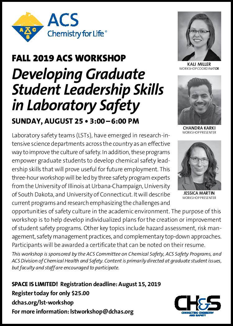 #ACS is offering a workshop at the #SanDiego Meeting to educate graduate students about lab safety culture and opportunities for promoting LAB safety. If you are attending #SanDiego ACS meeting please register by August 15th at dchas.org/lst-workshop