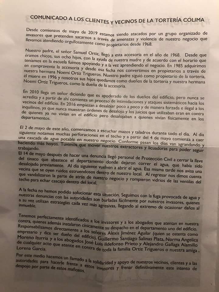 DefensaRomaCond's tweet photo. ¡Defendamos la emblemática tortería Colima de la banda de delincuentes q ilegalmente quiere desalojarla! Asiste el sábado 20 de julio al acto Tortas pa' la banda vol. 2 vs el cartel inmobiliario. Será a las 14 hrs en Colima esq. Mérida @Claudiashein @NoCorredor  @paco_rodriguez @ https://t.co/5S0colVgXn