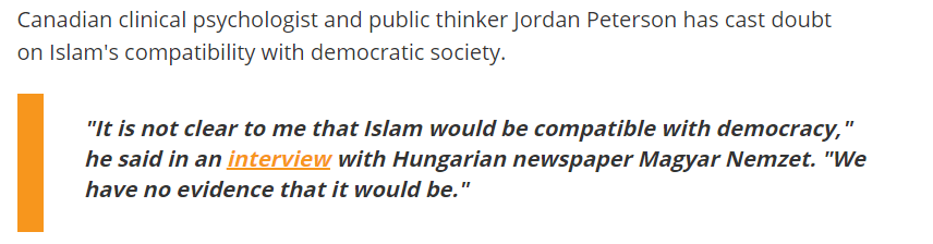 Very revealing how little follow-up there's been, within or without the IDW, about Peterson getting a face to face with Orban before telling Hungarian press Muslims are incompatible with democracy.