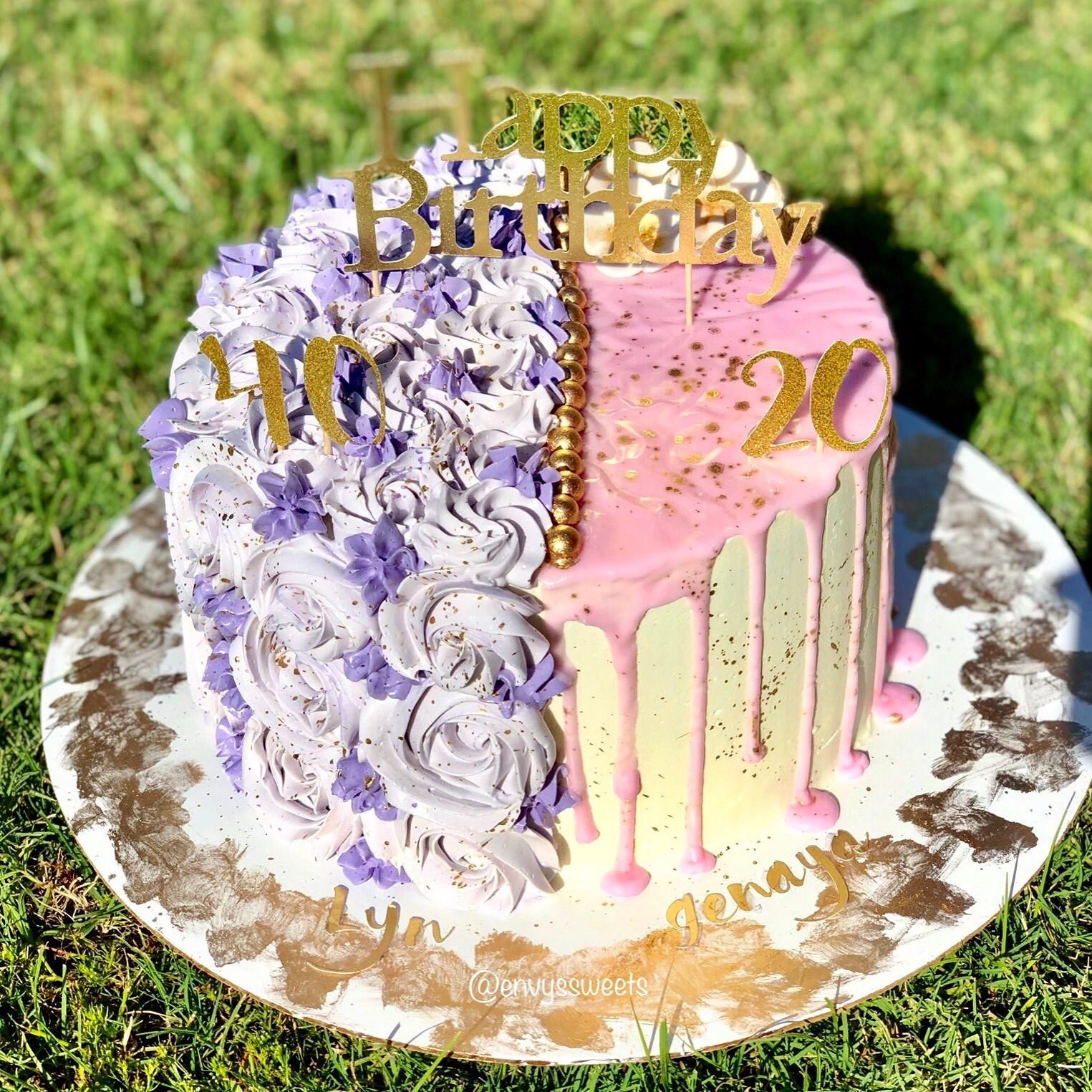Envy S Sweets Half Amp Half Cake For A Mother And Daughter Who Share The Same Birthday Half With Purple Rosettes For Mom And The Other Half A Pretty Pink Envy S Sweets Half Amp Half Cake For A Mother And Daughter Who Share The Same Birthday Half With Purple Rosettes For Mom And The Other Half A Pretty Pink