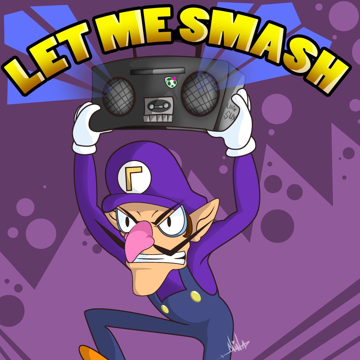 Trysnau's tweet photo. SMASHHHHH WAAAAA #fanartwaluigui #waluigi #waluigismash #SuperSmashBros #SuperSmashBrosUltimate #chibi #cartoon #radio #letmesmash #mario #luigi #fanart #art #trysnau https://t.co/UsQNeHuGoT