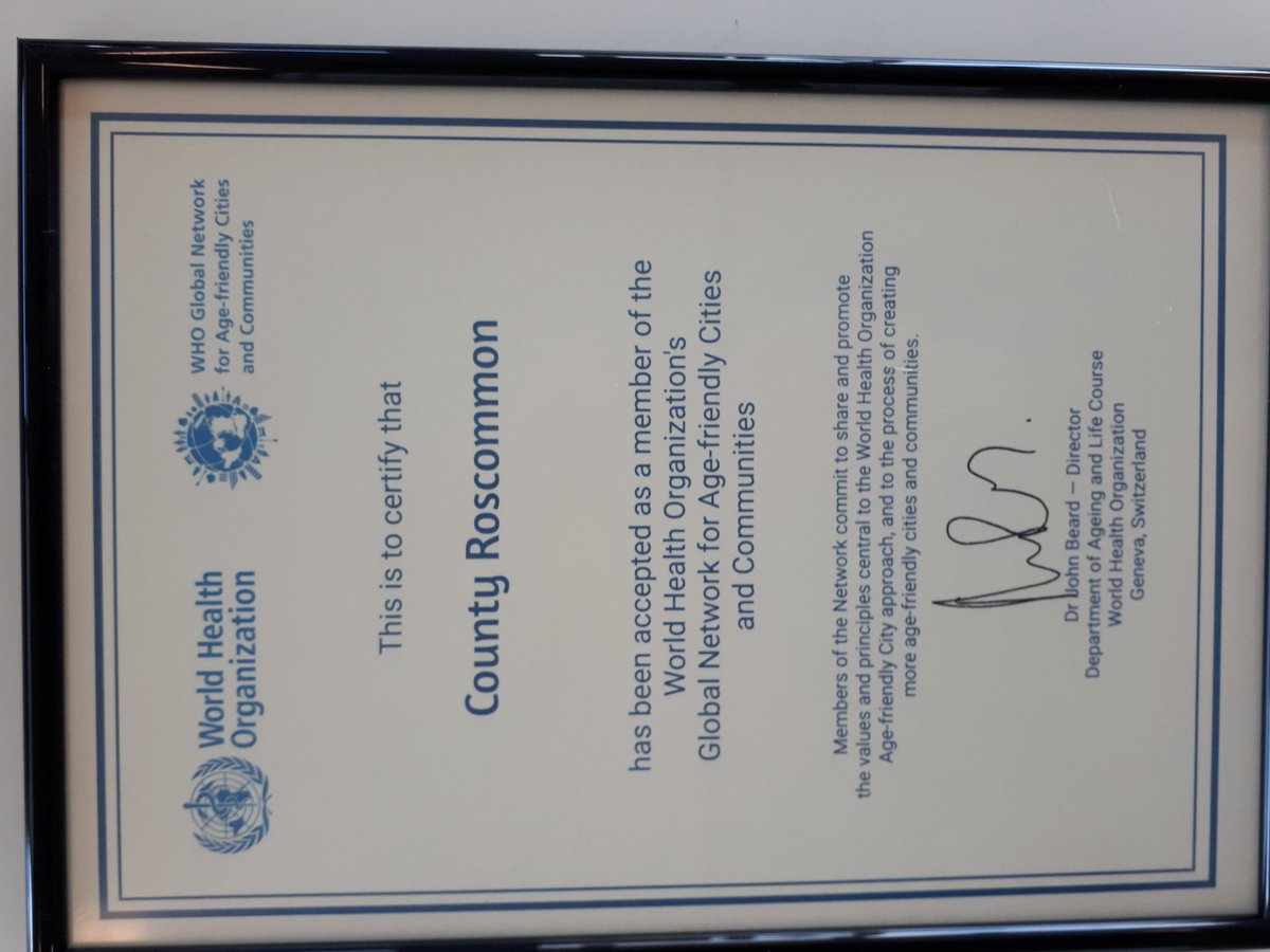 RoscommonC's tweet photo. Roscommon's Age Friendly Alliance are proud to have been affiliated as a member of the World Health Organisations global network of Age Friendly Cities and Communities.  This highlights our commitment  to the process of creating a more Age Friendly County in Roscommon. https://t.co/XqNu5vP6SQ