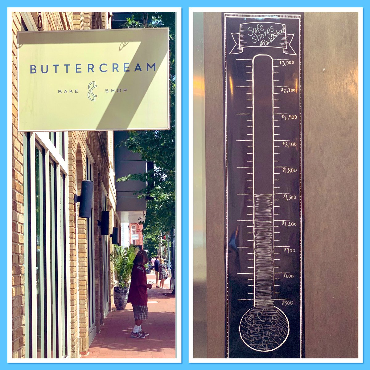 SafeShoresDC's tweet photo. Spotted @BttrcrmBakeshop: donation thermometer for #Pack2School. Thanks; looking good! 💙👍🏼😀 We’re almost there. Now 27 backpacks need sponsors. Providing children w/ quality learning tools 📚✏️✂️📓 tells them: we see you, you’re worthy, you matter. https://t.co/U1i1H16m9t https://t.co/yiDPTpE297