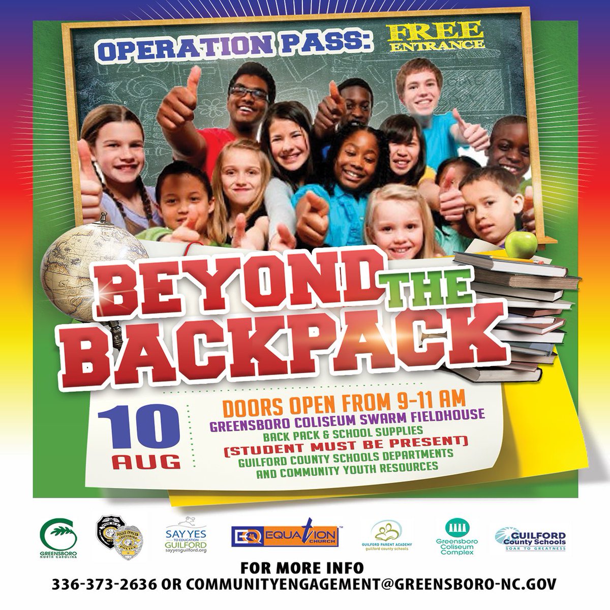 GSO_Police's tweet photo. Operation Pass is getting closer and closer! Operation Pass is Greensboro Police Department's way of giving back to the community. Come join us on August the 10th from 9:00am-11:00am to receive free backpacks and school supplies for all Guilford County School aged students. https://t.co/St0YjgMGs0