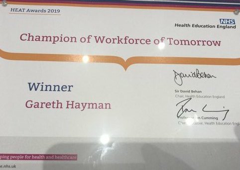 DigestiveGill's tweet photo. So proud of my colleague, Gareth Hayman, a true workforce of the future champion. Congratulations 🎉🎉  Well overdue recognition  @CUH_NHS @NHS_HealthEdEng @CUH_Theatres #teamtheatres https://t.co/1Bi0ZUCWeI