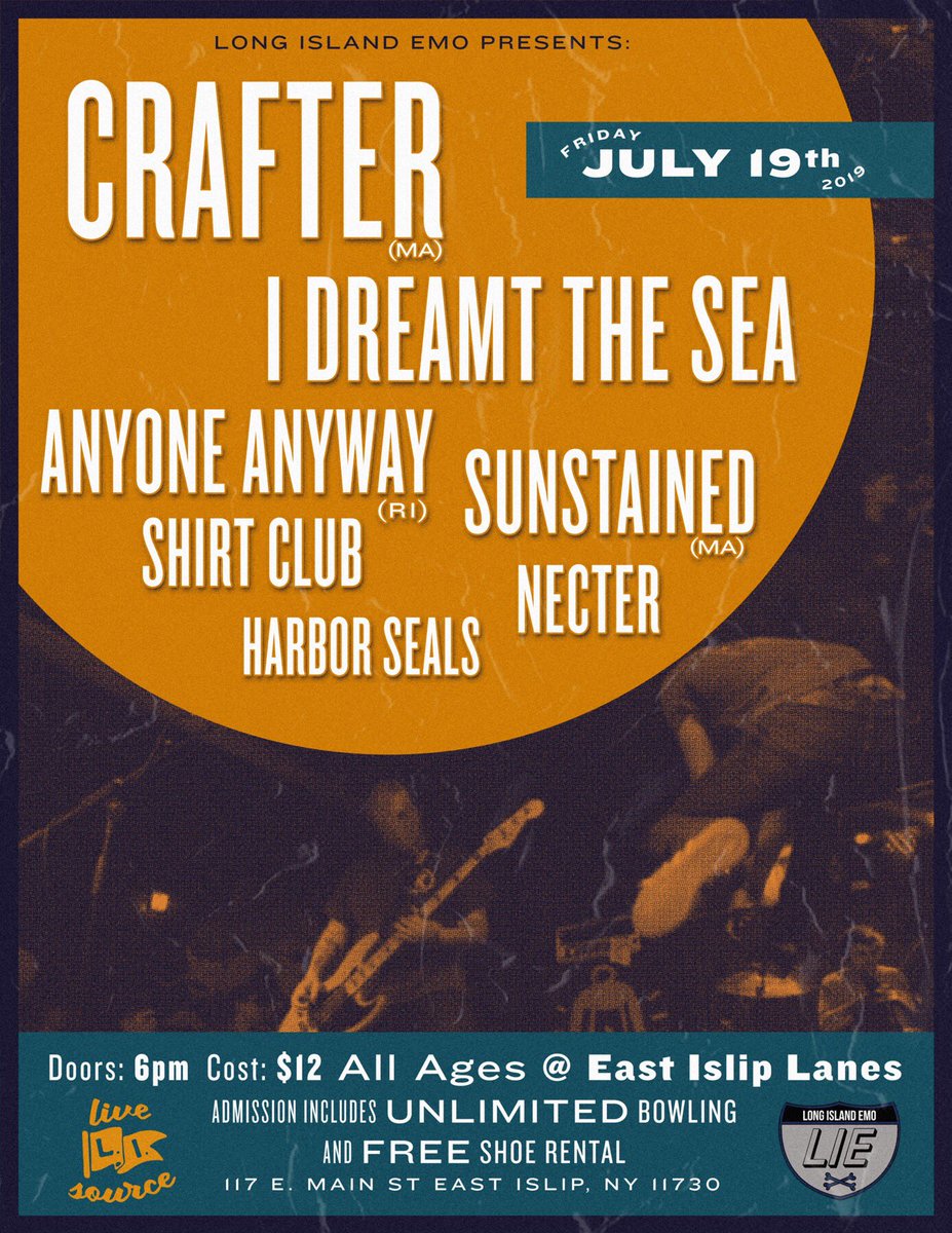 LIVESOURCELI's tweet image. RT TOMORROW! @craftermahc @Sunstainedband @AnyoneAnyway @idreamttheseaNY @necterband @ShirtClubBand #HarborSeals 
@longislandemo  Admission includes unlimited bowling and free shoe rental! RT 🎸🎳🎸🎳🎸🎳🎸