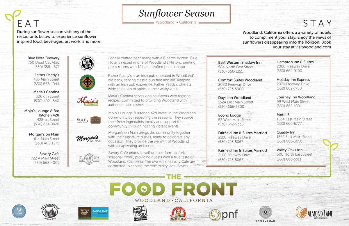 The Food Front (@thefoodfront) on Twitter photo Got any weekend plans? #keepitlocalwoodland
Enjoy the sunflower season & end the day with some local flavors.
Participating Restaurants:
<a href="/bluenotebrewing/">Blue Note Brewing Co</a>
<a href="/FatherPaddys/">Father Paddy's</a>
<a href="/Marias_Cantina/">Maria's Cantina</a>
@Mojos428
<a href="/MorgansOnMain/">Morgan's On Main</a>
<a href="/Savory/">xals</a>
<a href="/visitwoodland/">Visit Woodland</a>
#Wearewoodland #TheFoodFront Got any weekend plans? #keepitlocalwoodland
Enjoy the sunflower season & end the day with some local flavors.
Participating Restaurants:
<a href="/bluenotebrewing/">Blue Note Brewing Co</a>
<a href="/FatherPaddys/">Father Paddy's</a>
<a href="/Marias_Cantina/">Maria's Cantina</a>
@Mojos428
<a href="/MorgansOnMain/">Morgan's On Main</a>
<a href="/Savory/">xals</a>
<a href="/visitwoodland/">Visit Woodland</a>
#Wearewoodland #TheFoodFront
