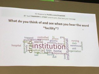 CLRI_LTC's tweet photo. "What do you think of when you hear the word facility?" @KateDucak and BSO's Tina Kalviainen lead Responsive Group's #longtermcare &amp; #retirement leadership team through a word cloud exercise about person-centred language and it's impact on #culturechange and #personcentredcare. https://t.co/AMFtPOgm8W