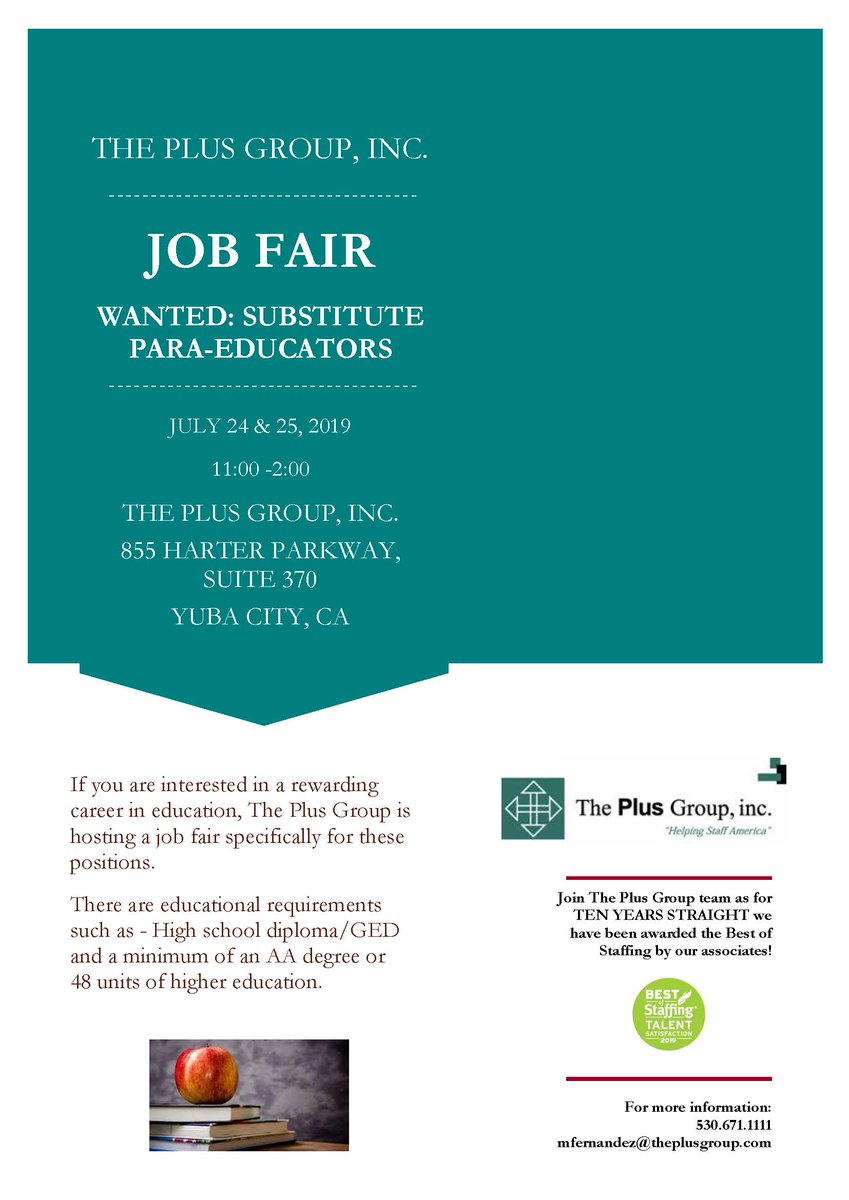 The Plus Group is hosting a job fair for those interested in a rewarding career in education. Questions? Please call 530-671-1111. #Jobs