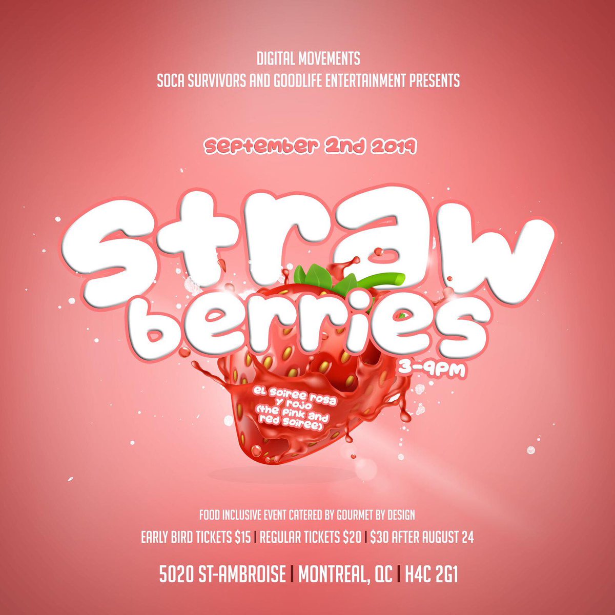 Detour514's tweet photo. #Strawberries 
El soirée rosa y rojo
(The #pink and #red #soirée)
September 2nd 2019 3-9pm 
Hosted by Wizzy MoonChaser​

Early bird tickets $15 
Regular tickets $20
$30 after August 24

To purchase tix
https://t.co/bzFSQOBQai
Strawberriesmtl@gmail.co https://t.co/BzoK9fRs6N