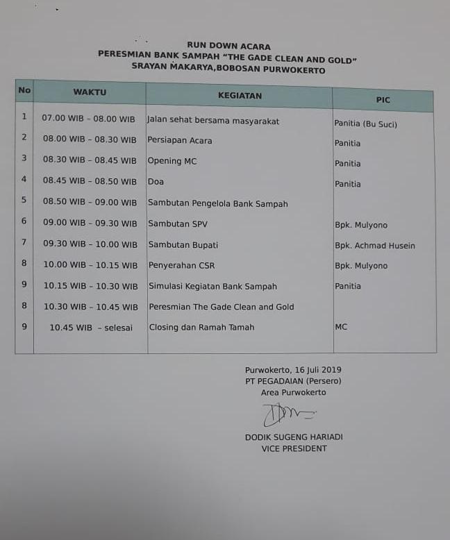 SrayanMakarya's tweet photo. Rundown event peresmian dan serah terima CSR dari @Pegadaian Purwokerto untuk #banksampahsrayanmakarya 
19 juli 2019..
#bobosan 
#purwokerto 
#banyumas 
#jawatengah 
#Indonesia https://t.co/1Z7NiV7V1B