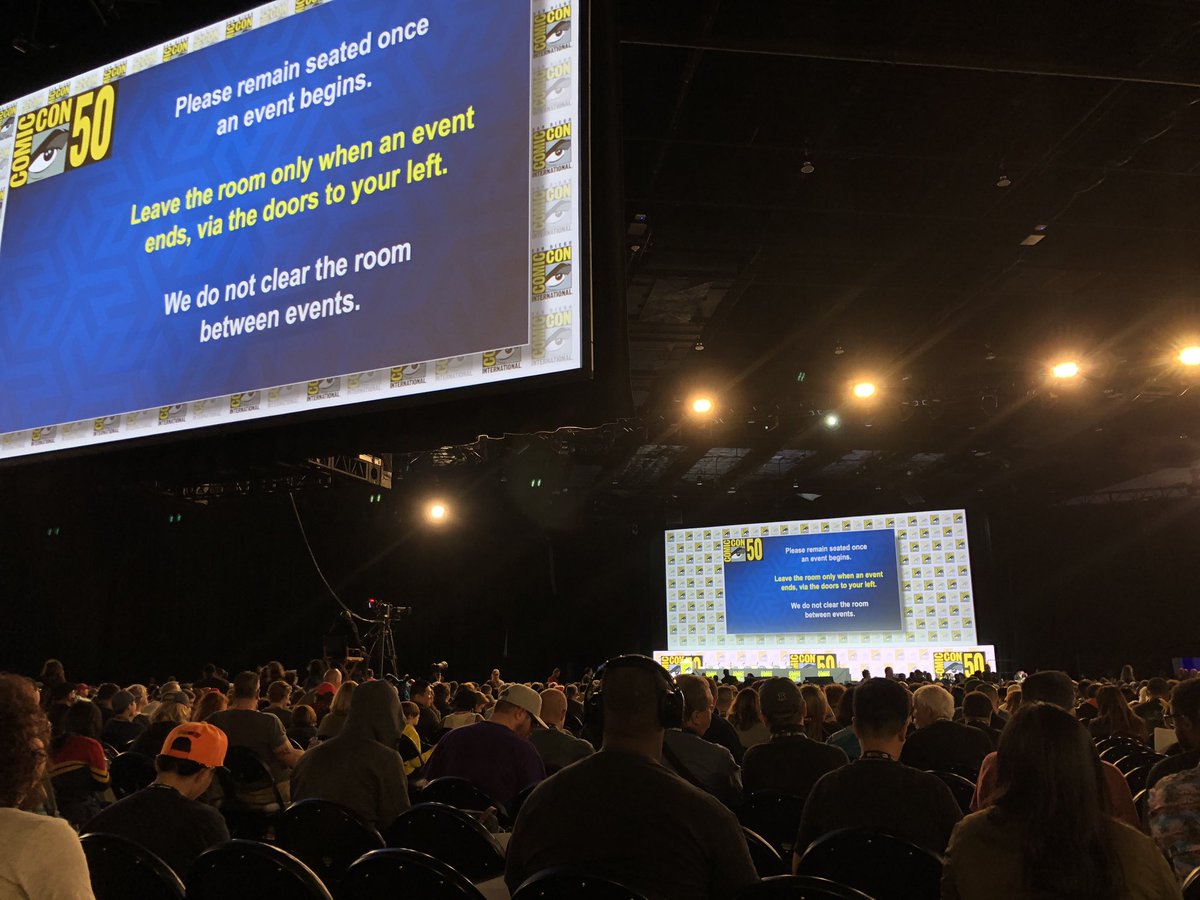 Well, the HallH RFID scanners are having a problem, scanning red. So they’re manually verifying each badge against an ID. That’s why it’s taking so long to feed in :( #hallh #HallHLine <a href="/HallHLine/">Hall H Line (hiatus)</a> #hopeyourbadgeislegit