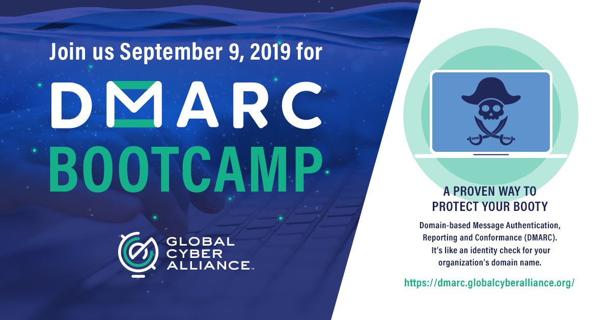 EMEA_GCA's tweet photo. Block your agendas! Starting on September 9, @GlobalCyberAlln is preparing a free 6-week #BootCamp to guide you through the whole process of setting up #DMARC in your domain: https://t.co/Iyn5yGPvbe #GoTheDMARCWay #ProtectYourBooty https://t.co/M5Zv66urV3