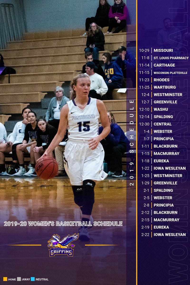 FBUGriffins's tweet photo. The @FBU_WBball 2019-20 schedule is out! After an exhibition against Mizzou, the Griffins will play its first three on the road before its home opener on Nov. 23rd against Rhodes! #FBUGriffins https://t.co/lrTB2rgKcF