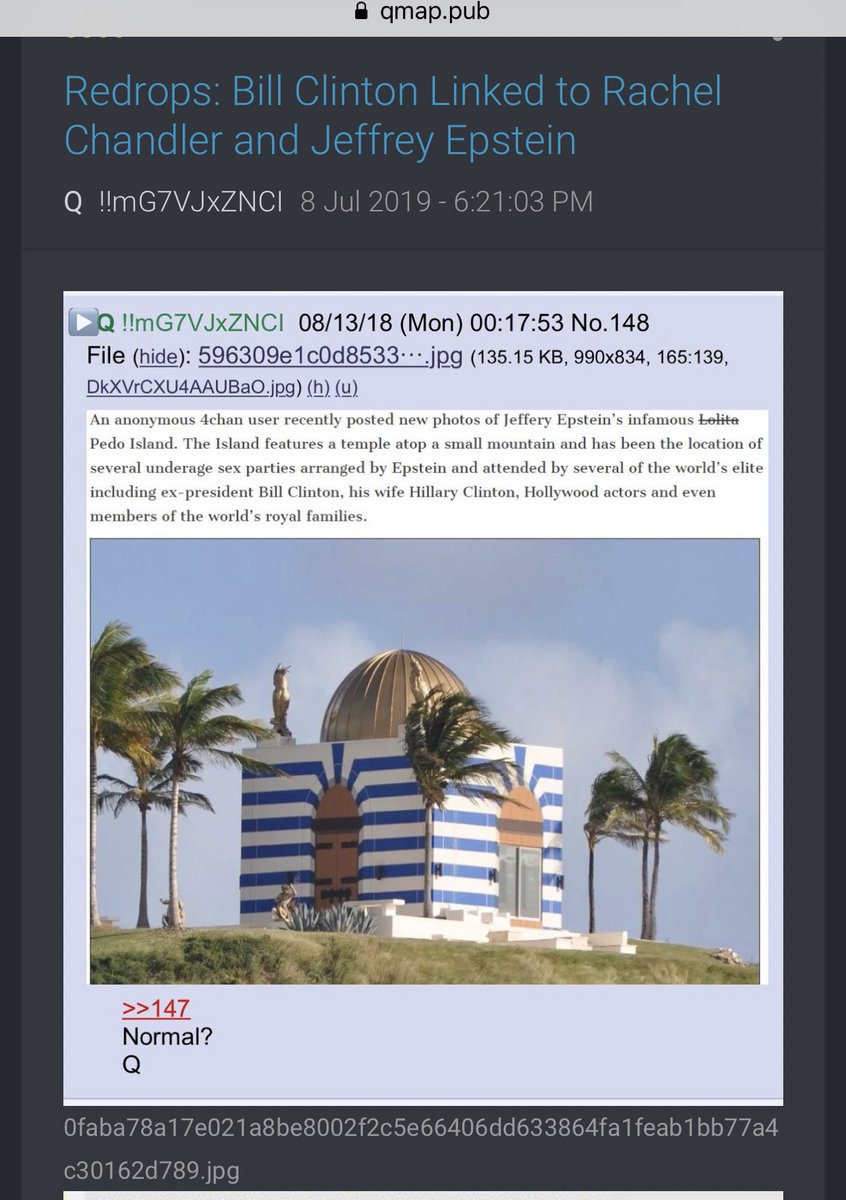 3. Qanon post from Aug 2018 showing the temple on Epstein island before it was destroyed.