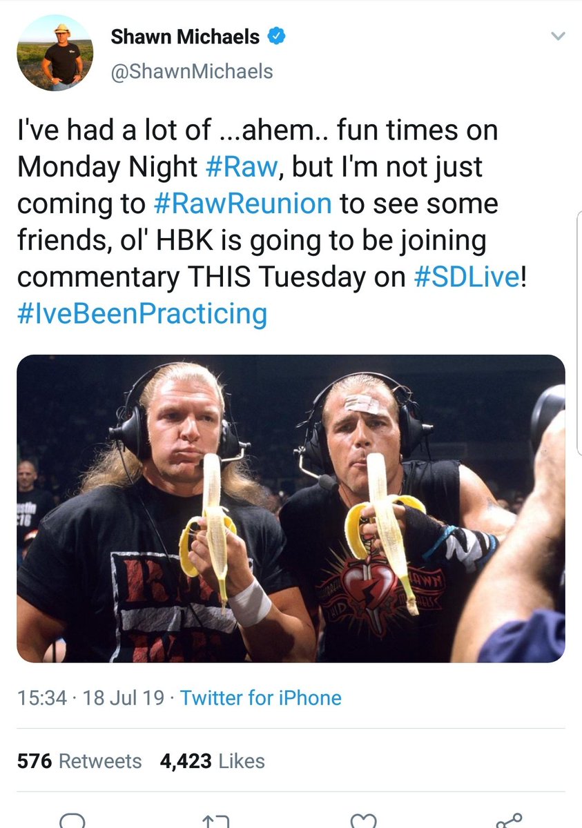 An awkward reminder that the reason HHH and Shawn Michaels were eating bananas here was because they were commentating on a match involving 'The Nation' (a group of black wrestlers inspired by the Nation of Islam).