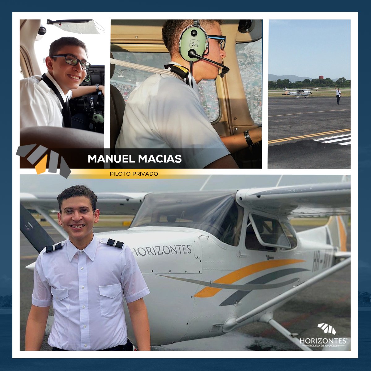 Horizonteshn's tweet photo. Les presentamos al Capitan Manuel Macias, quien el dia de hoy a sus 17 años se convirtió en Piloto Privado.

Tu al igual que Manuel puedes alcanzar tu meta de convertirte en piloto de la mano de la Escuela. de mayor prestigio aeronáutico de la región.

Info:
+504 9520-0384 https://t.co/dmxzBwP7F6