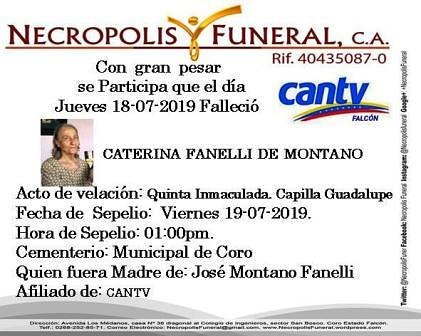 FUNLAINMACULADA's tweet photo. Ha fallecido Caterina Fanelli de montano, velada en capilla guadalupe madre montano jose afiliado de CANTV Falcón 

#necropolisfuneral 
#serviciosfunerarios 
#coroedofalcon 
#coro https://t.co/AXiuJFhlLH
