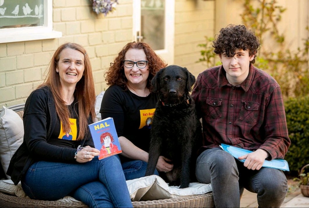 HalsBooks's tweet photo. We've had a few new followers recently so I thought I'd say Hi🖐 and introduce us! 
We are (from L to R) author @JudeLennonBooks, me Jane Hawkes, Ally the #labradoodle and Will #ActuallyAutistic illustrator and #livedexperience contributor
We are #awesomeaboutautism https://t.co/qM0Ho6TLdn