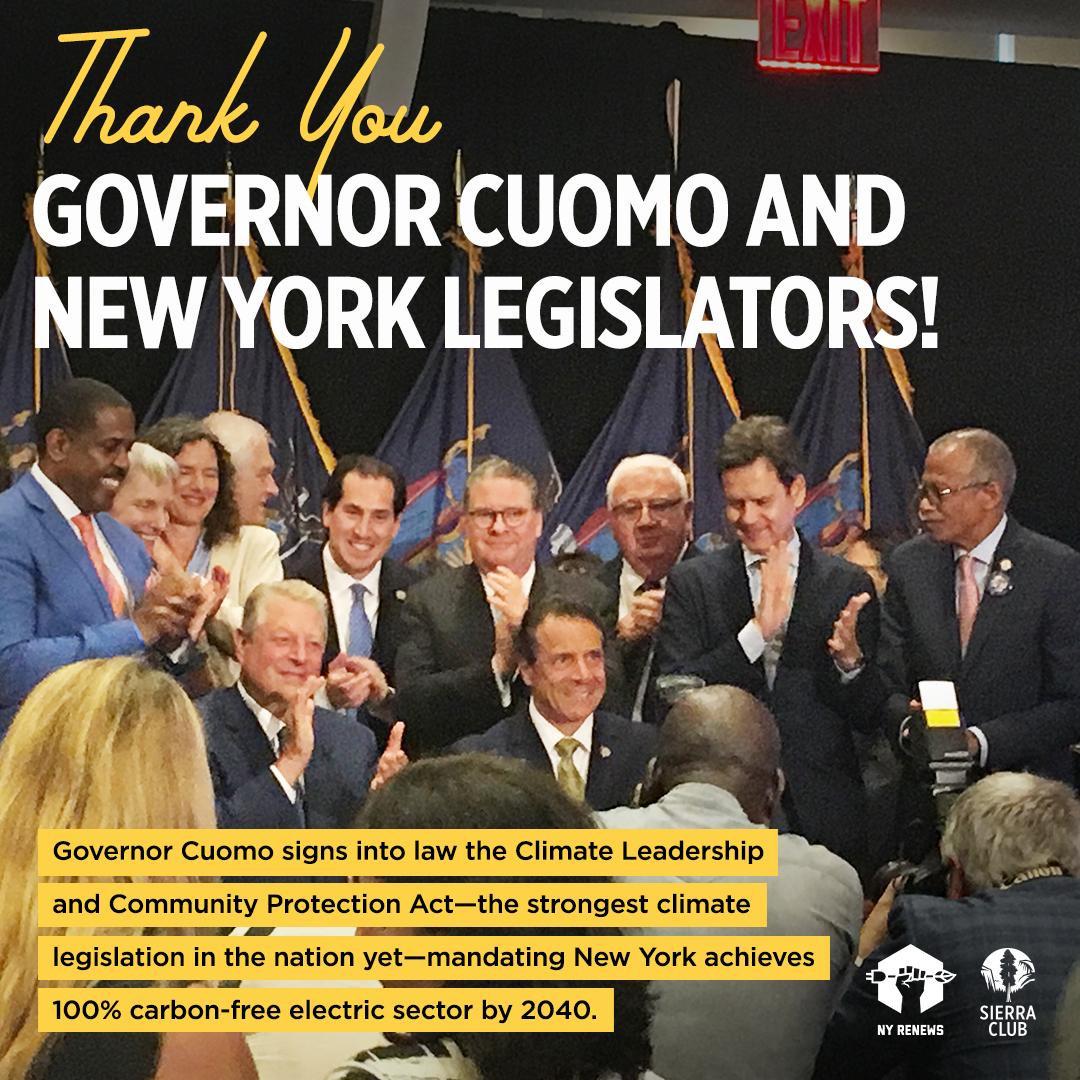 Congrats #NewYork activists &amp; local leaders - <a href="/NYrenews/">NY Renews</a> <a href="/NYGovCuomo/">Archive: Governor Andrew Cuomo</a> <a href="/SteveEngles/">Steve Englebright</a> <a href="/toddkaminsky/">Todd Kaminsky</a> @CarlHeastie <a href="/AndreaSCousins/">Sen. Stewart-Cousins</a> et al. on passing Climate Leadership &amp; Community Protection Act -- strongest US climate bill yet! sierraclub.org/press-releases… #ReadyFor100Action #BeyondCoal