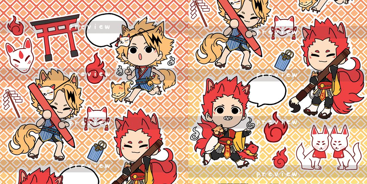 My sticker sheet preview for the <a href="/MyYoukaiParade/">僕の妖怪パレード@LEFTOVER SALES</a> zine! I gave Kaminari and Kirishima speech bubbles so you can write quick reminder notes!

Pre-orders close this Saturday, on July 20th! 
You can pre-order the zine at: 
🌾bokunoyoukaiparadezine.bigcartel.com 🌾