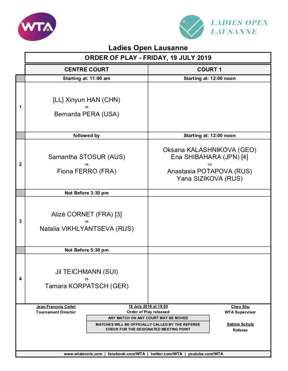 Voici le programme des 1/4 de finales du vendredi 19 juillet au Ladies Open Lausanne ! 🔥