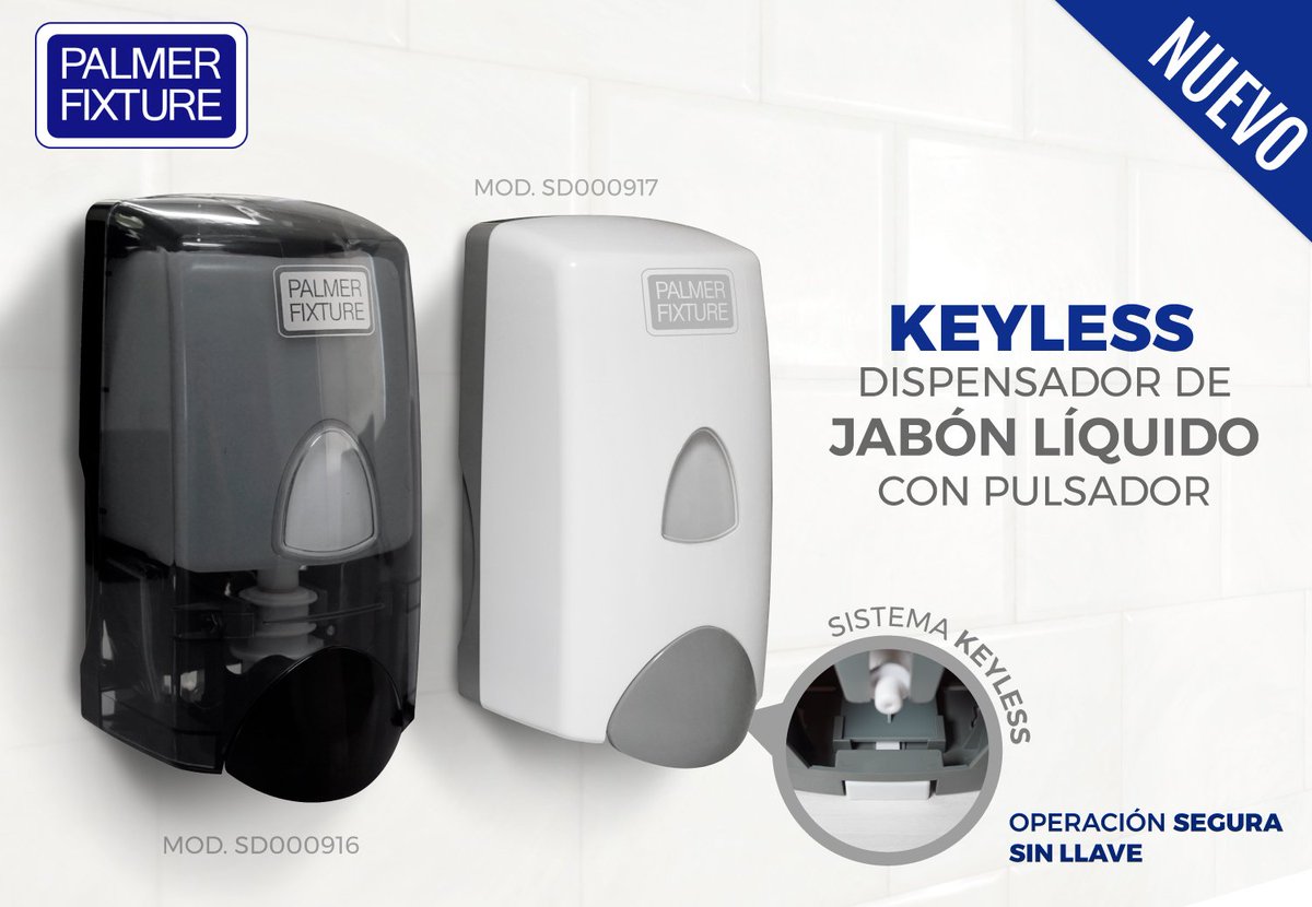 PalmerFixtureMX's tweet photo. ¡NUEVO PRODUCTO! Conoce nuestro nuevo dispensador de jabón líquido con pulsador - KEYLESS. Te brinda una operación segura sin llave. Jabonera de fácil uso y rellenado. #Dispensadordejabón #Jabonera #PalmerFixtureMéxico #SistemaInstitucionaldeLimpieza https://t.co/0nWyihBWz1