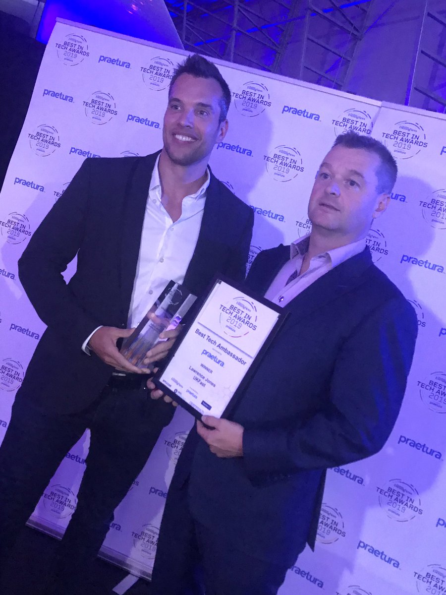 men_techawards's tweet photo. Winner of the Best Tech Ambassador  sponsored by @praetura_ven is.... Lawrence Jones, Founder and CEO @UKFast #MENTechAwards https://t.co/1MEWlAvMJO