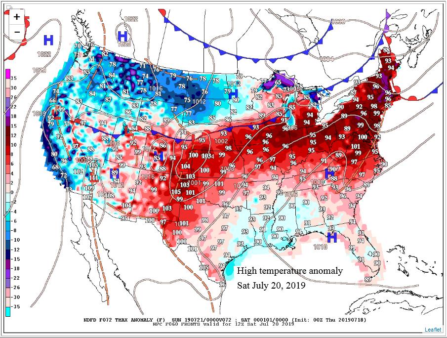 NWSWPC's tweet photo. A #heatwave will culminate this Saturday when the most numbers of record highs are forecast (100 degrees in urban centers and parts of the interior Mid-Atlantic into central New England, with heat indices exceeding 110 degrees). Lows may stay above 80 degrees for urban areas! https://t.co/PZQlfYPmai
