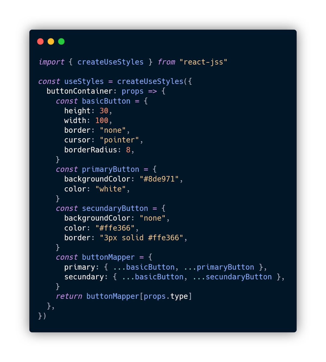 acari0's tweet photo. This is so nice: different styles of buttons can be rendered based on props using #ReactJSS. Here you can render Primary or Secondary buttons based on "type" prop https://t.co/Lv5ilaOrox