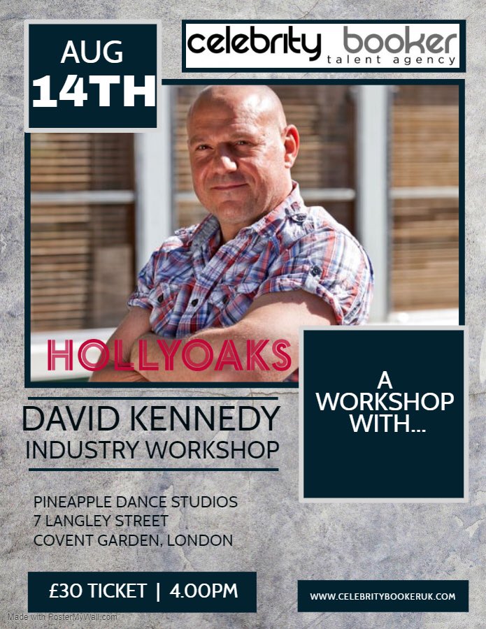 CELEBRITYBOOKER's tweet photo. Celebrity Booker presents A workshop with... Hollyoaks Actor @davidkennedy64 (Dirk Savage) This is an industry workshop focusing on Audition Techniques &amp; How to get seen by the people that matter. For more information visit: https://t.co/cJHWdA8dtB https://t.co/UOEcbFYtAu