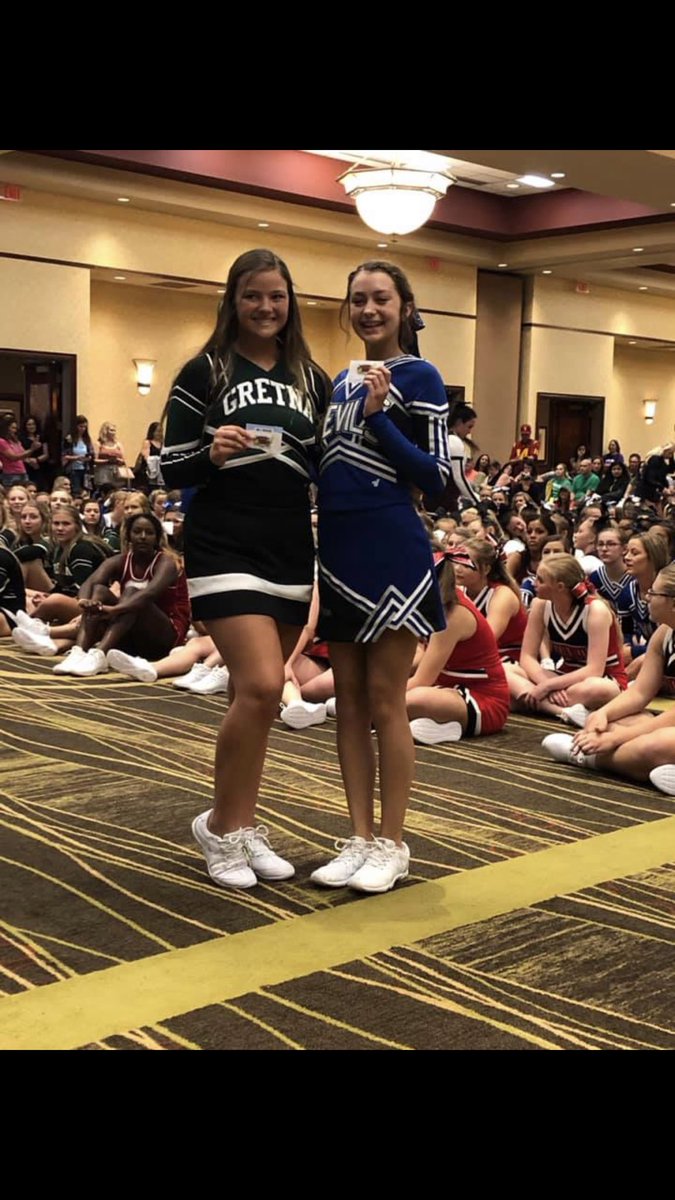 PHS__Cheer's tweet photo. We also had two girls get awarded the Pin It Forward! Kira (SR) was chosen by UCA Staffer Ashley! Peyton B (FR) was chosen by a Gretna Cheerleader💙 Way to go ladies! https://t.co/ZiQGsYVZz8