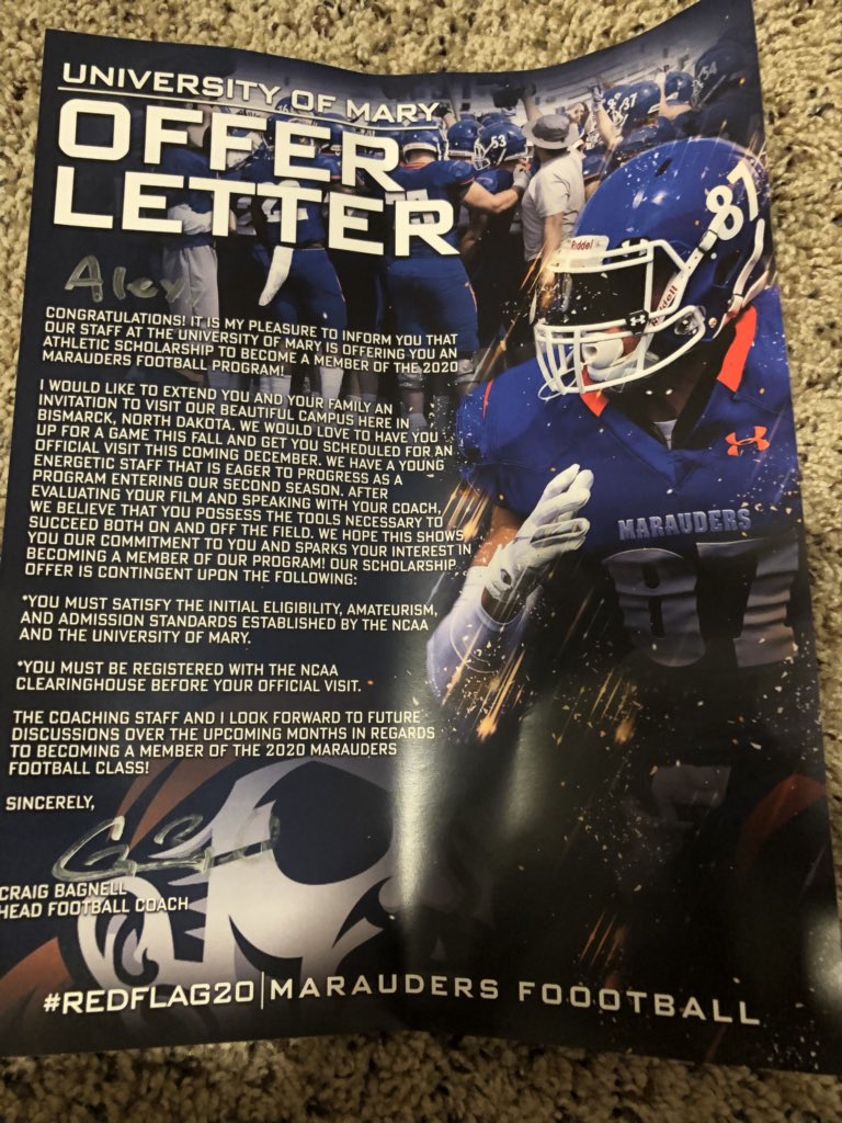 AlexjTack's tweet photo. Beyond excited to have recieved my first D2 scholarship offer from the @UMaryFB thanks to all the coaches and staff for this amazing opportunity @Coach_M_Martin https://t.co/E8LKk8dADa