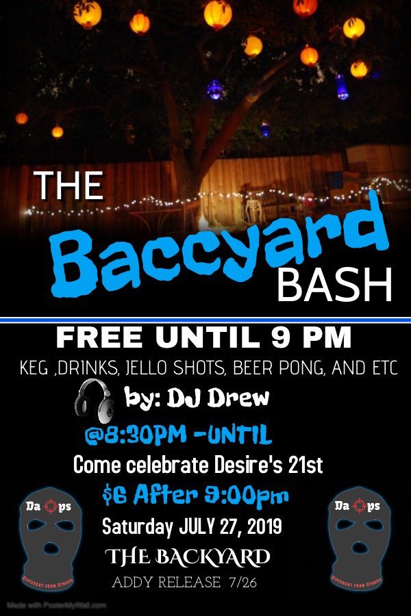Ddubb__'s tweet photo. It's been a min. on here but y'all know how i do

MY 21st OTW 🗣️
THE BACCYARD BASH 💙
W-S SAT. JULY 27TH W-S

MUSIC BY @itsdrewskeeeTv  🎶 

Come get fucccked up #DaOpWay😎 
Keg 🛢 DRINKS🥤 JELLOS SHOTS! BEER PONG🍻 and more! 

Retweet for addy❗️
 #GoodVibesOnly #comeGetLit https://t.co/U9M7wTZxue