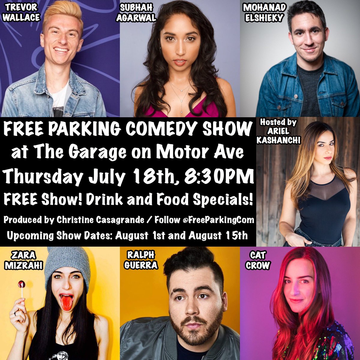 TONIGHT #FreeParkingComedy at the <a href="/GarageMotorAve/">The Garage</a> with special guests <a href="/TrevWall/">Trevor Wallace</a> <a href="/Subhah/">Subha Halder</a> @MohanadElshieky <a href="/TheZaraMizrahi/">Zara Mizrahi</a> @RalphComedy <a href="/realCatCrow/">Cat Crow</a> hosted by <a href="/IranianMermaid/">Ariel Kashanchi</a> and produced by <a href="/XtineBigHouse/">Christine Casagrande</a>!! Party starts at 8pm, show starts at 8:30pm!!