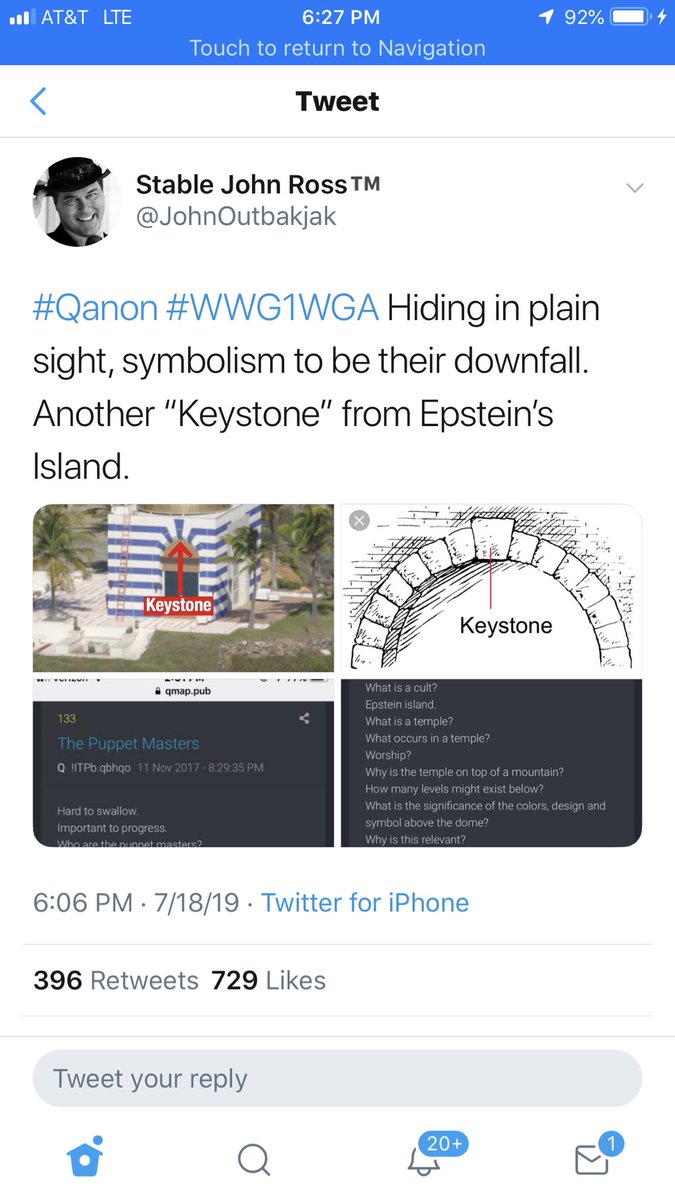 17. Qanon posts twitter account linking Epstein temple to keystone post from q with posts related to Epstein island being place where they worshiped Satan. Cult worship. Keystone at center. Was this location they called up the evil spirits to accept their human sacrifice?  #qanon