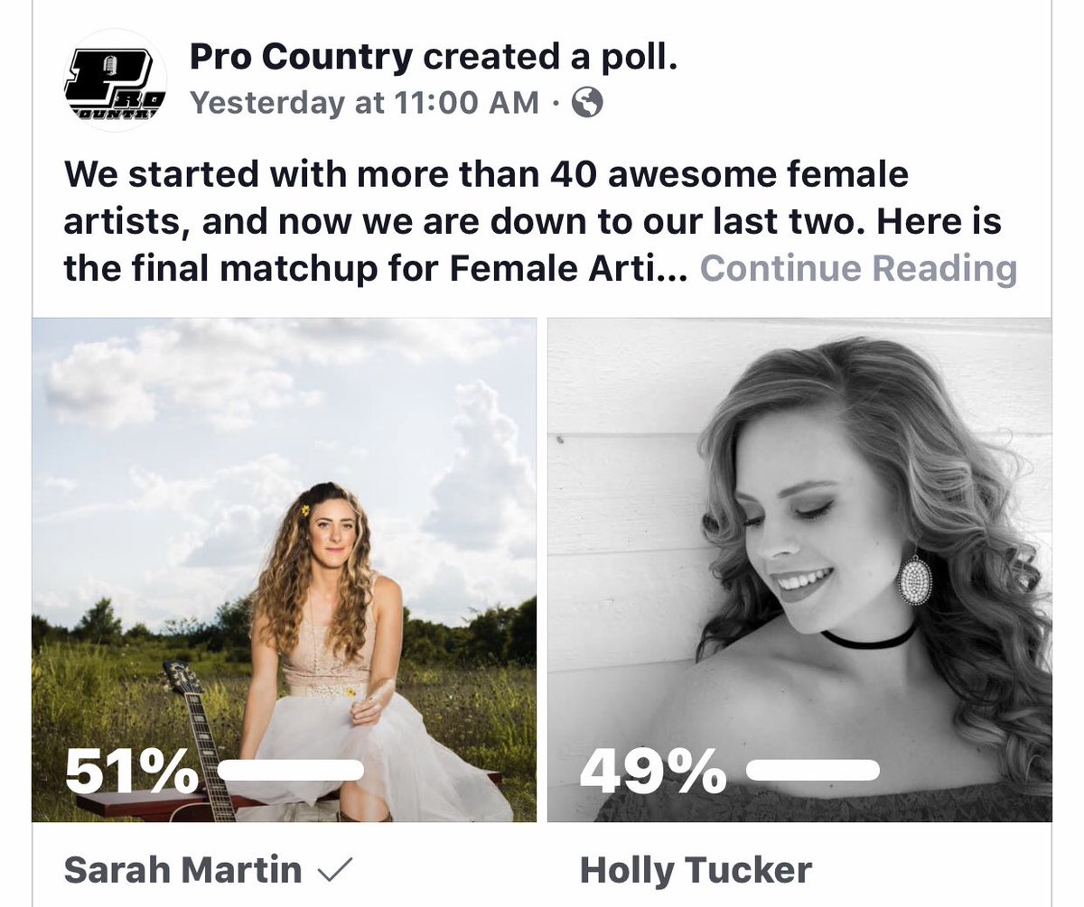 From 40 artist down to two- I need YOUR help to become Pro Country Female Artist of the Year! Please help by voting Sarah Martin here >>> facebook.com/18427118551093…
