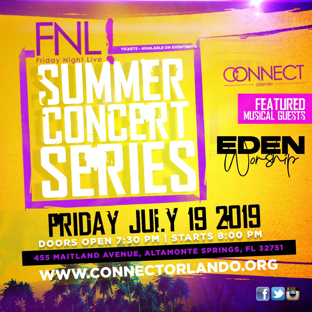 Connect_Orlando's tweet photo. FNL! Summer Concert Series continues tomorrow with featured musical guests Eden Worship. Doors open at 7:30 PM. https://t.co/5mZVkiD9Bj